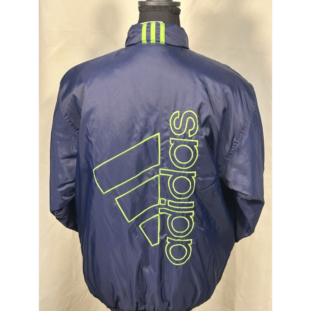 90's Adidas Puffer Striped Jacket Large Embroidered Logo Green White Blue Large - Picture 6 of 7